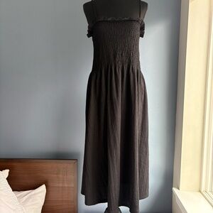 H&M Elegant Black Smocked Bodice Midi Dress w Adjustable Spaghetti Straps